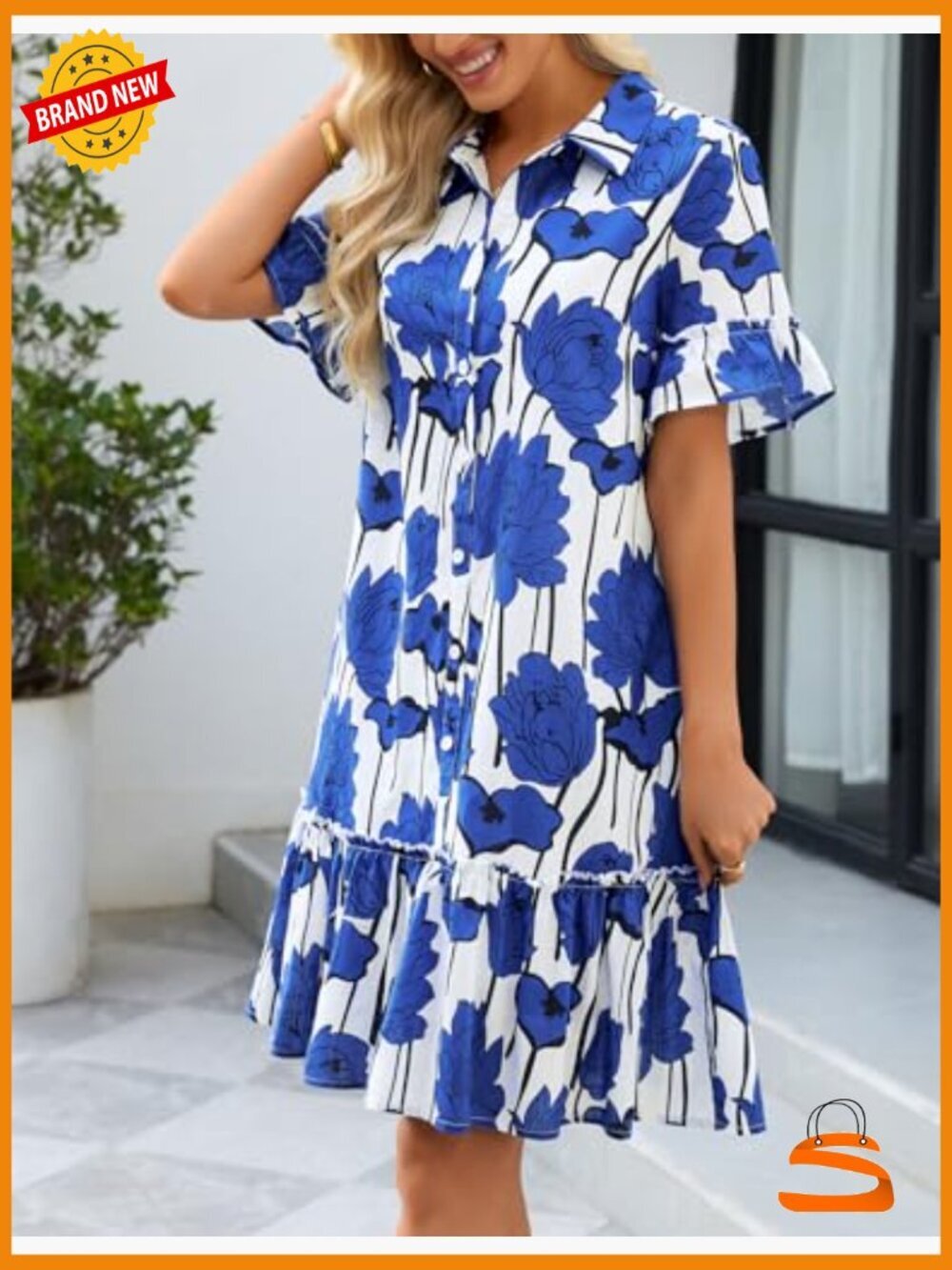Button Down Ruffle Sleeve Shift Mini Dress with Pockets - Picture 3 of 7
